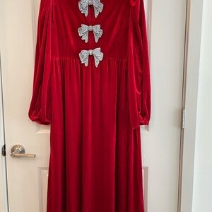 Sugar Lips – Velvet Midi Dress – Red Rhinestone Bow Long Sleeve – Size L